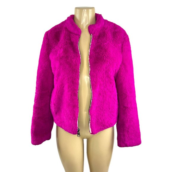 Banana Republic Faux Fur Bomber Jacket Size S Fuchsia Pink Teddy Coat Full Zip - Picture 6 of 11